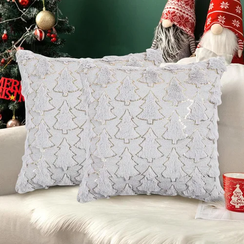 Vista 9 de Juego de 2 fundas de almohada de Navidad de 18 x 18 pulgadas, fundas de almohada beige con patrón de árbol de Navidad, fundas de cojín de piel