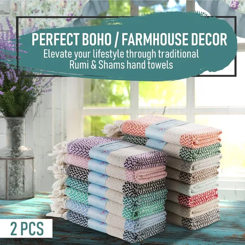 Vista 3 de RUMI & SHAMS - Toalla de mano turca para baño y cocina - 2 toallas de mano decorativas de lujo para baño - Toallas rústicas de cocina de 100 %