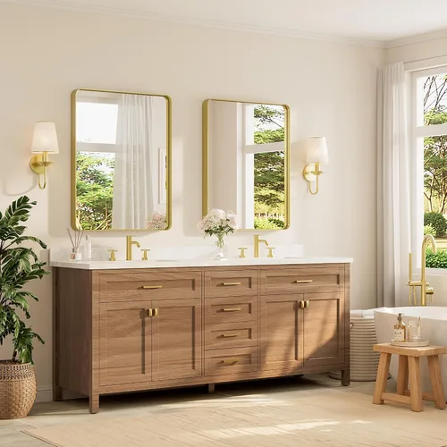Vista 172 de TETOTE Espejo de marco dorado cepillado de 16 x 24 pulgadas, espejo de tocador de baño de latón dorado para pared, espejo enmarcado rectangular