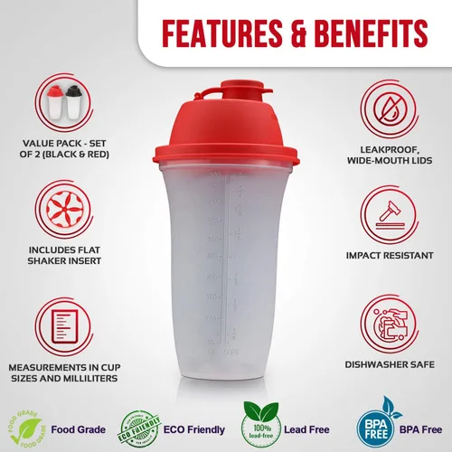 Vista 3 de SIGNORA WARE Shaker Bottles - Botella de plástico para batido de proteínas de 17 onzas para batidos y licuados de reemplazo de comidas, bebidas