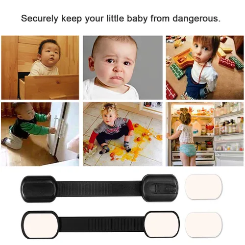 Vista 3 de Viaky - Paquete de 8 cerraduras negras de seguridad para niños, correas ajustables a prueba de bebés para cajones, horno, refrigerador, asiento