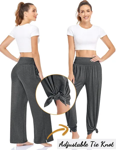 Vista 4 de UEU Pantalones de yoga de pierna ancha para mujer, cintura alta, ajustables, con lazo, casuales, holgados, talla grande, pantalones deportivos