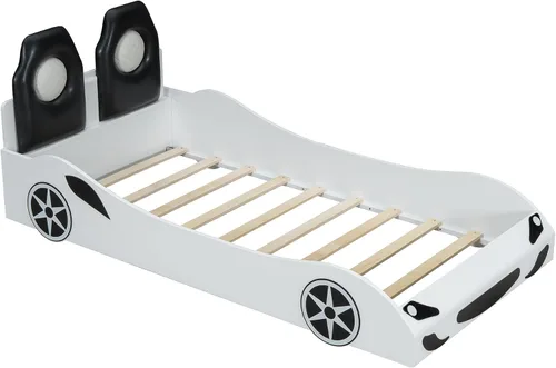 Vista 6 de Twin Size Race Car-Shaped Platform Bed with Upholstered Backrest, Wooden Platform Bed with Sturdy Slat Support for Kids Teens Boys Girls Bedroom