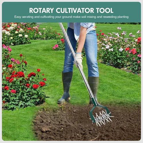 Vista 2 de YEELOR Herramienta de jardín de cultivador rotativo con engranajes de aluminio duraderos Manual Tiller, 57″ long handle, loosens soil, mixes in