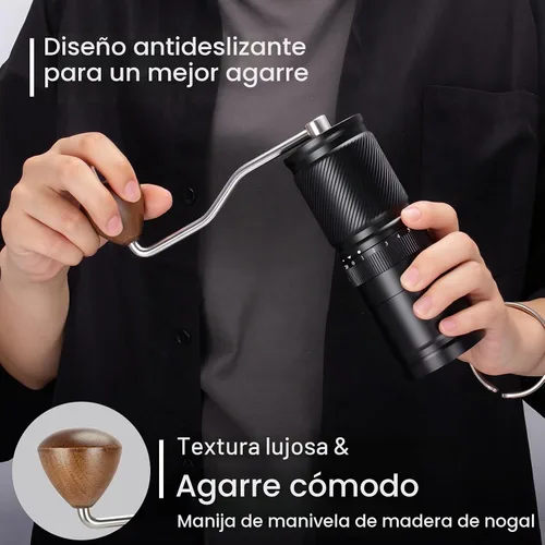 Vista 4 de Molinillo de café manual con ajuste numérico externo ajustable, capacidad 1.06 oz con rebabas cónicas de acero inoxidable CNC (negro)