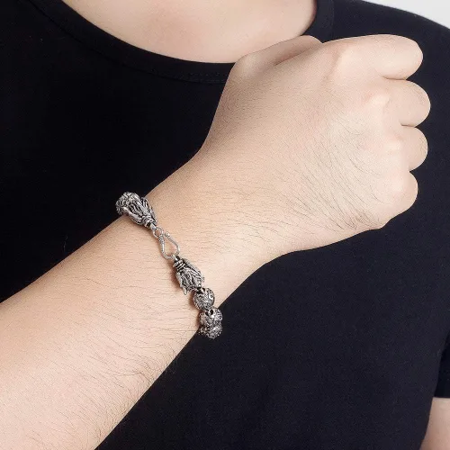 Vista 4 de Dankadi Pulsera de plata vintage para hombre, pulsera creativa de plata de ley 925 con dragón de 0.433 in, cadena de cuentas de 7-8-9-10 pulgadas