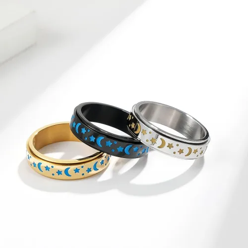 Vista 5 de ANIEJUFI Anillo giratorio de acero inoxidable luminoso resplandor luna y estrella, alivio del estrés, anillos de ansiedad para mujeres, hombres