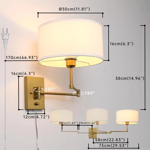 Vista 2 de Aplique de pared con cable enchufable de tela vintage, lámpara de pared con brazo oscilante para interiores con interruptor de encendido/apagado