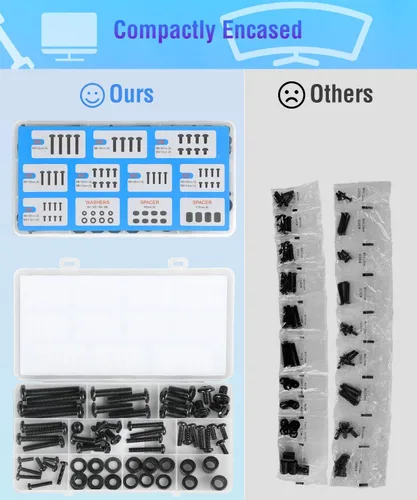 Vista 6 de Kit de herramientas universal ELIVED para montaje de TV con caja, incluye tornillos M4, M5, M6, M8, arandelas, espaciadores, tornillos de repuesto