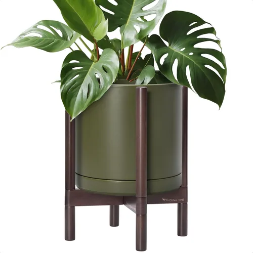 Vista 33 de D'vine Dev Maceta de cerámica con soporte de ébano – Maceta redonda moderna de 8 pulgadas con soporte para maceta de madera, color negro, 55-B-M-2