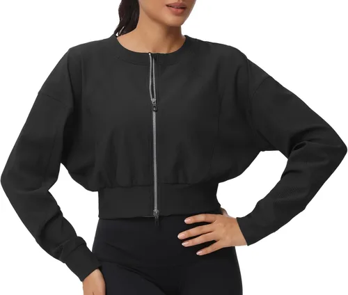 Vista 8 de THE GYM PEOPLE Chaquetas cortas para mujer, con cremallera completa, manga larga, acanaladas, sudaderas de entrenamiento, ligeras, casuales