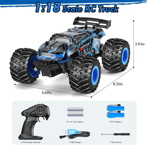 Vista 8 de Coche de control remoto, recargable 1:18 Rc, camión a control remoto todo terreno Azul