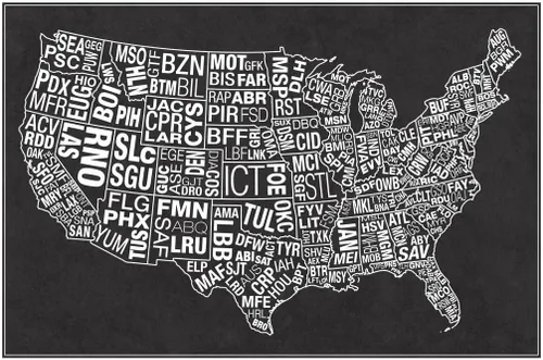 Vista 3 de Arte de pared laminado de aeropuertos de Estados Unidos con código de abreviatura gris de aeropuerto, arte de pared de aviación, decoración