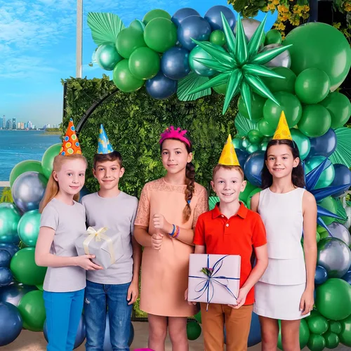Vista 7 de Kit de arco de globos azules y verdes, kit de arco de guirnalda de globos azul marino y verde oscuro con globos de papel de aluminio de estrella 4D