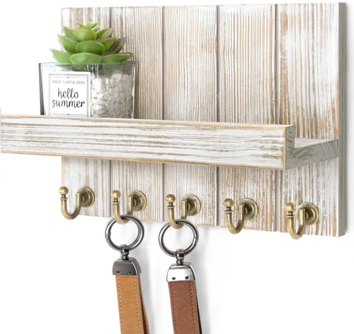 Vista 9 de Rebee Vision Soporte de Pared para Llaves de Madera de Acacia – Soporte para Llaves Estilo Granja para Pared y Organizador de Correo con Estante