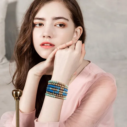 Vista 5 de Pulseras de cuentas de arcilla estilo heishi surfista para mujer, con discos de vinilo y dije de mal de ojo, apilables, pulseras elásticas