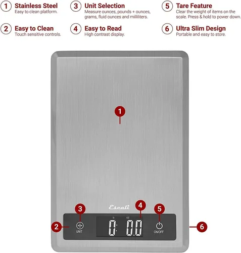 Vista 2 de Escali T115S Cocina ultrafina, oficina, báscula de hierbas, funcionalidad de tara, pantalla digital LCD, capacidad de 11 libras, plata