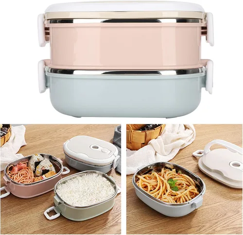 Vista 8 de LIZEALUCKY Bento Box - Contenedor de alimentos aislado con asa plegable, lonchera apilable caliente, portátil, de acero inoxidable, con aislamiento