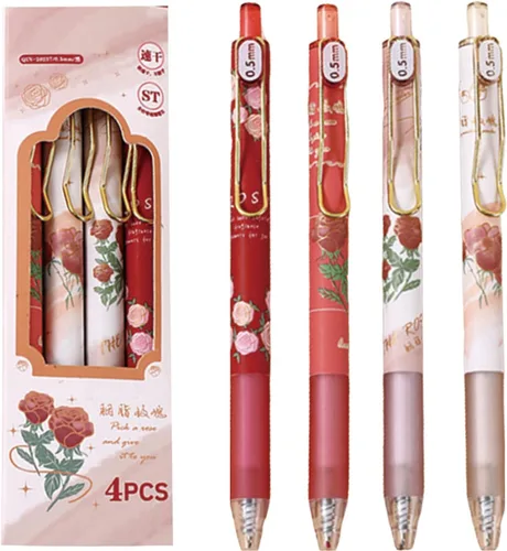 Vista 8 de MOZXIRZ 4 piezas de bolígrafos de gel retráctiles con flores, tinta negra, 0.5mm, para niñas/mujeres, lindos, estéticos, bolígrafos para Flor-1
