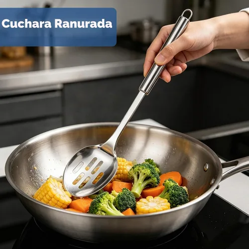 Vista 5 de Juego de 2 cucharas de cocina grandes, cuchara de servir de acero inoxidable y cuchara ranurada para cocinar, cucharas largas resistentes al calor