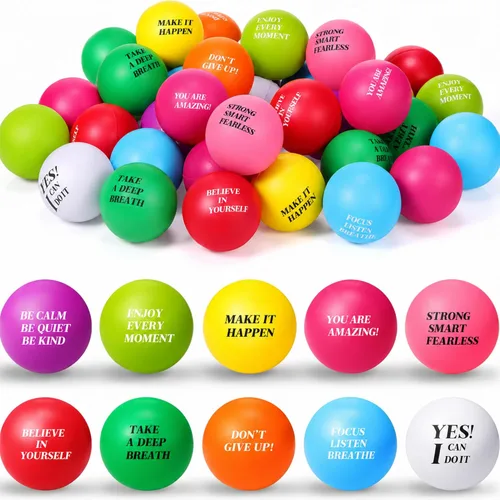 Vista 9 de Sotiff 100 bolas de estrés a granel para adultos, espuma colorida para aliviar el estrés, juguetes de regalo con citas motivacionales, bolas
