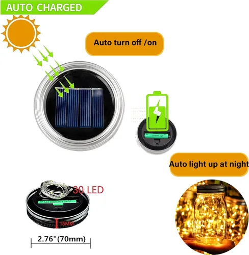 Vista 3 de Ostritec Tapas de luces solares para tarros de masón, paquete de 12 30 luces LED (tarros no incluidos), luces solares colgantes para exteriores