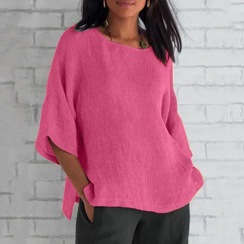 Vista 2 de DASAYO Camisetas de lino de algodón para mujer, ajuste holgado, manga de codo, casual, para verano, blusas para salir, trajes de gasa a la moda