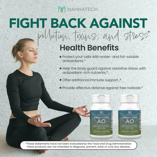 Vista 3 de Mannatech Ambrotose AO 60 cápsulas cargadas con vitamina C y vitamina E. Ayuda al cuerpo contra los radicales libres. Suplemento de apoyo