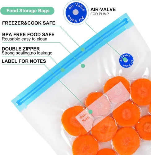 Vista 3 de Sous Vide - Bolsas de 31 unidades (24 bolsas con cremallera al vacío y 2 clips de sellado y 5 válvulas de aire), bolsas reutilizables sin BPA