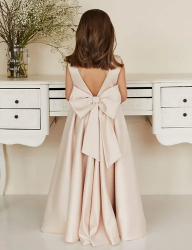 Vista 4 de MCieloLuna Vestidos de niña de flores para boda con nudo de lazo elegante de satén para primera comunión
