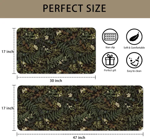 Vista 3 de Alfombras de Cocina Vintage Negras y Verdes Botánicas, Juego de 2 Alfombras de Cocina Antideslizantes Lavables, Tapetes de Cocina con Helechos
