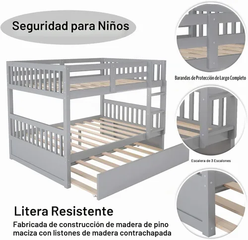 Vista 4 de Olela Litera de tamaño matrimonial sobre matrimonial con nido individual, marco de cama matrimonial de madera convertible con escalera de riel