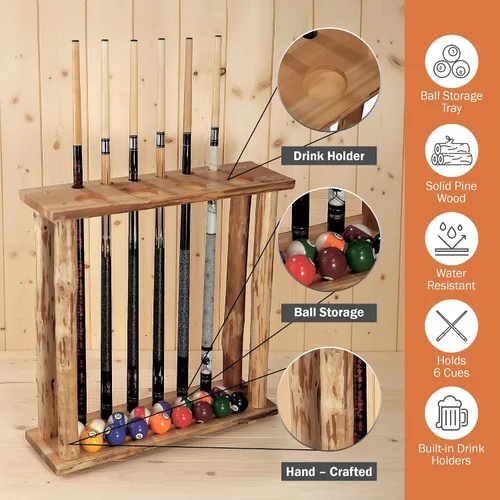 Vista 5 de Rush Creek Creations Rustic Log 6 - Estante de almacenamiento para taco de billar, multicolor, 26.5 pulgadas de largo x 8.6 pulgadas de ancho x