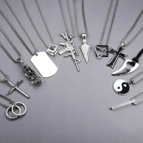 Vista 3 de FIASASO Juego de 12 collares con dije de acero inoxidable para hombre, collar gótico genial, cruz gótica, placa de perro Yin Yang, triangular, juego
