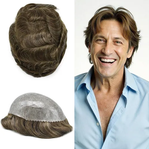 Vista 491 de Toupee para hombre 100% cabello humano real tupé para hombres 0.004 in piel de poliuretano para hombre, sistema de reemplazo de piezas de pelo