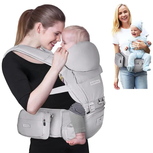 Vista 12 de FRUITEAM Portabebés 6 en 1 con taburete de cintura/asiento de cadera para lactancia materna, talla única - se adapta a recién nacidos, bebés y niños