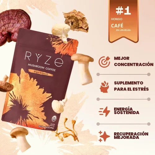 Vista 3 de RYZE SUPERFOODS - Café de tostado medio de hongos orgánico USDA con 6 hongos adaptogénicos, café instantáneo cultivado en Estados Unidos para una