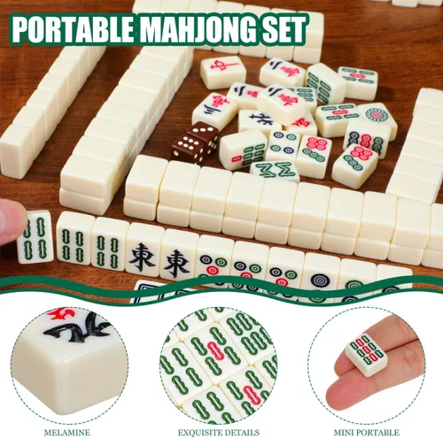 Vista 4 de BESTOYARD Mini juego de mahjong de viaje portátil con 146 azulejos marrón estuche de transporte para adultos principiantes y ancianos, reuniones