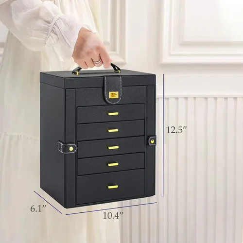 Vista 6 de AKOZLIN Joyero grande organizador funcional con cerradura con espejo grande, estuche de almacenamiento de joyas de cuero para mujeres y niñas