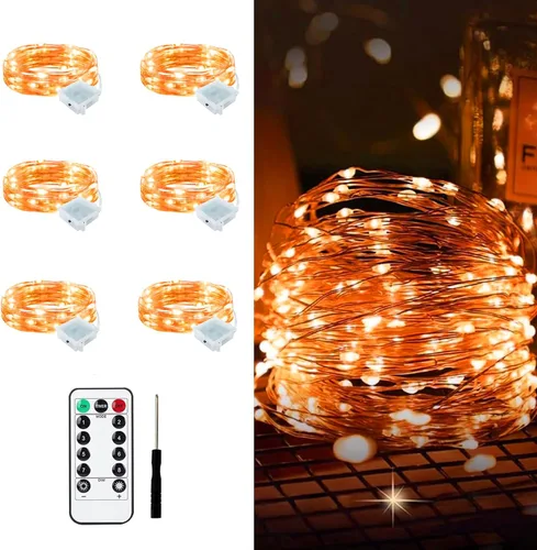 Vista 33 de Aogist Paquete de 24 luces de hadas, 3 modos, 2,1 metros, 20 luces LED, impermeables, cable plateado, funcionan con pilas, mini luces de alambre