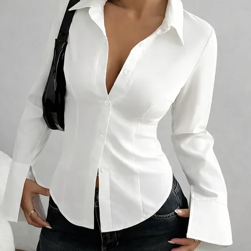 Vista 3 de Women's Slim-Fit Button-Down Long-Sleeved Casual Shirt, Fitted Work Blouse for Office Commuting