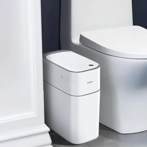 Vista 4 de JOYBOS Bote de basura automático con tapa, 3.8 galones, delgado y pequeño cubo de basura inteligente de plástico blanco, sensor de movimiento