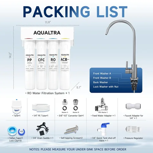 Vista 9 de AQUALTRA USF-4RF-100 100 GPD Sistema alcalino de ósmosis inversa 3: 1 puro para drenar debajo del fregadero Sistema de filtración de agua con grifo