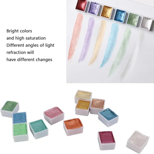Vista 4 de Juego de pintura de acuarela, 12 colores metálicos con purpurina para acuarela, kit de pintura sólida para artistas, estudiantes, pintura
