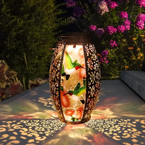 Vista 8 de Faroles solares colgantes para exteriores, luz LED cardenal de cristal, impermeable, hueca, decoración de metal, jardín, patio, regalos, mesa