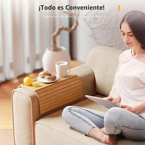 Vista 6 de Bestjing Bandeja para Brazo de Sofá de Bambú - Bandeja para Brazo de Sofá con Soporte para Tazas Desmontable - Caddy de Brazo de Sillón Plegable