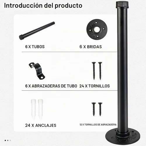 Vista 2 de 6 barras de ropa de tubería industrial de 12 pulgadas, perchero montado en la pared, negro mate