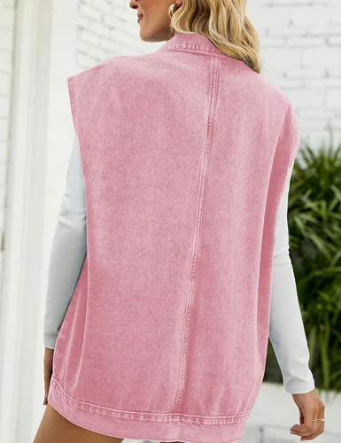 Vista 5 de Chaleco de mezclilla con capucha para mujer, sin mangas, con solapa y botones y bolsillos con capucha