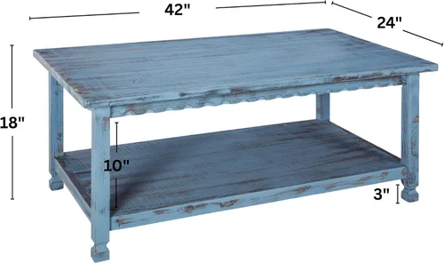 Vista 3 de Mesa de centro rectangular rústica, 42 pulgadas de ancho x 24 pulgadas de profundidad x 18 pulgadas de alto, sala de estar azul antiguo, con (1) 36