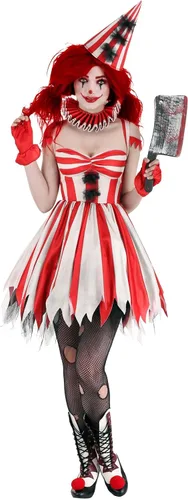 Vista 5 de Disfraz de payaso de circo siniestro para mujer, disfraz de payaso aterrador rojo, vestido de payaso aterrador
